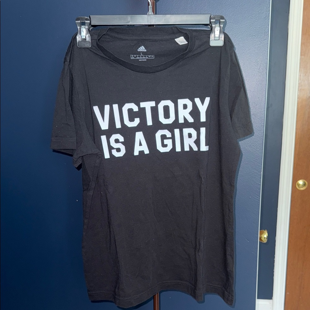 Adidas Black T-Shirt with White 'Victory is a Girl' Print
